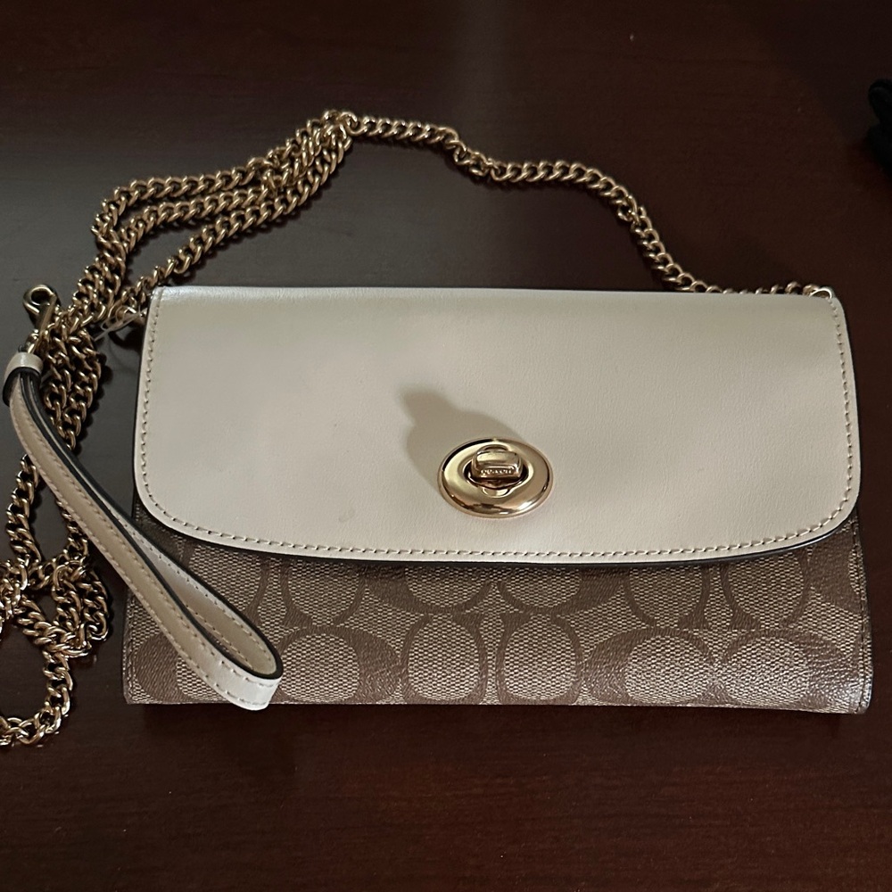 Coach Beige and Brown Clutch with Chain Strap
